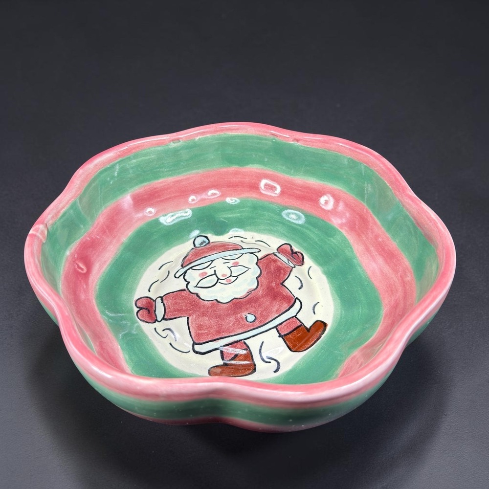 JMB Mexico Hand Painted Ceramic Santa Claus Snow Angel Bowl Pink Green Striped